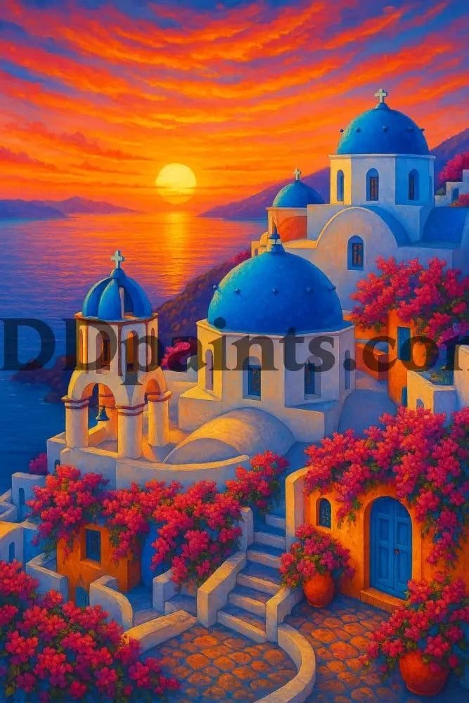 5DDPaints.com arts and crafts kit Santorini Sunset Bliss Diamond Painting Kit