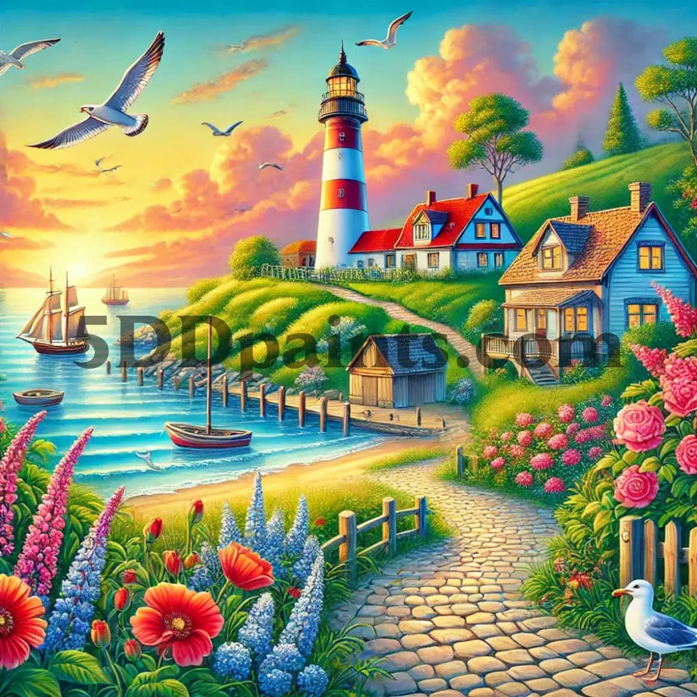 5DDPaints.com arts and crafts kit Seaside Serenity: Lighthouse & Floral Haven Diamond Painting Kit