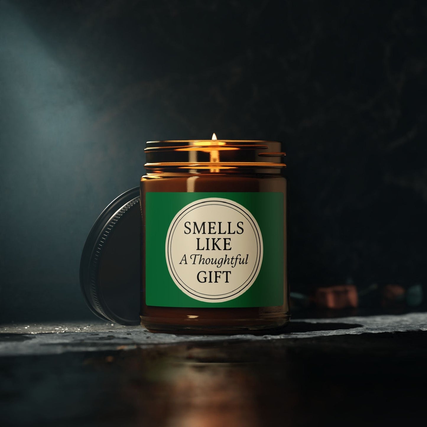 Printify Home Decor “Smells Like a Thoughtful Gift” 4oz Soy Candle – Amber Jar, Hand-Poured Elegance - Green