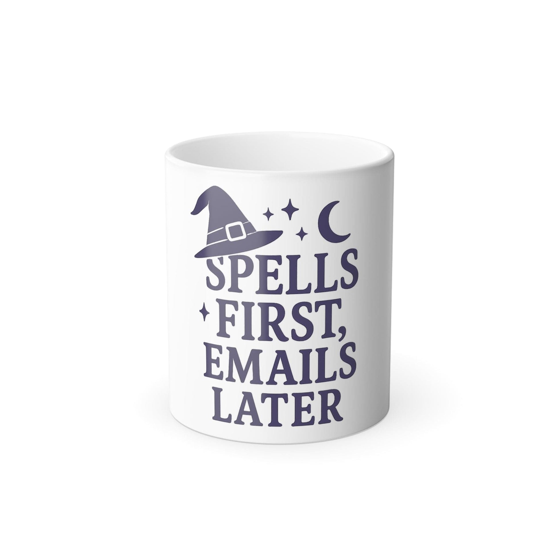 Printify Mug 11oz Spells First, Emails Later – Mystical Color Morphing Mug
