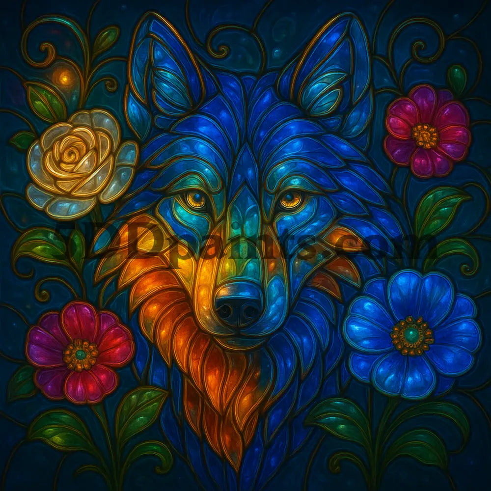 5DDPaints.com Arts & Crafts Stained Glass Animals with Flowers – Wolf, Parrot, Elephant & Sloth Digital Bundle
