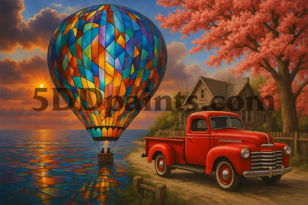 5DDPaints.com arts and crafts kit Stained Glass Balloon & Red Truck Diamond Painting Kit