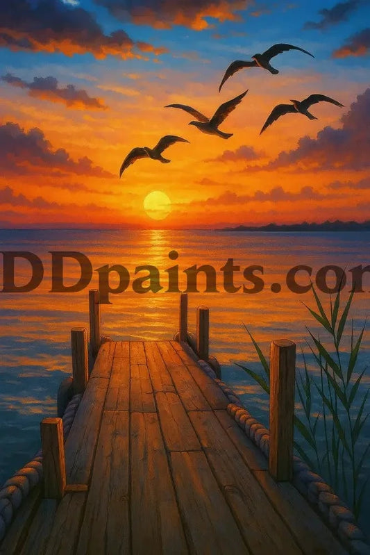 5DDPaints.com arts and crafts kit Sunset Serenity Dock Diamond Painting Kit