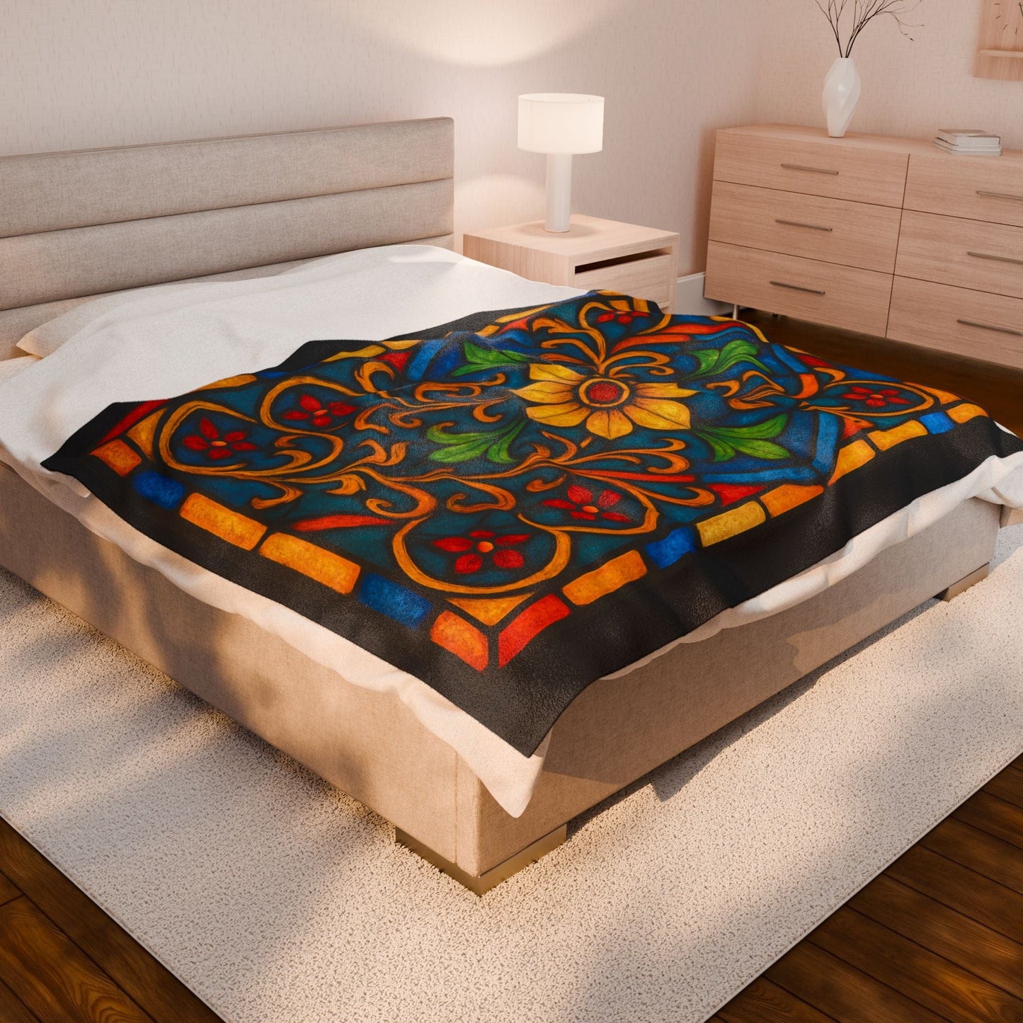 Printify All Over Prints 60" × 80" Vibrant Stained Glass Velveteen Plush Blanket – 50x60 Cozy Bohemian Throw for Home Decor & Gifts