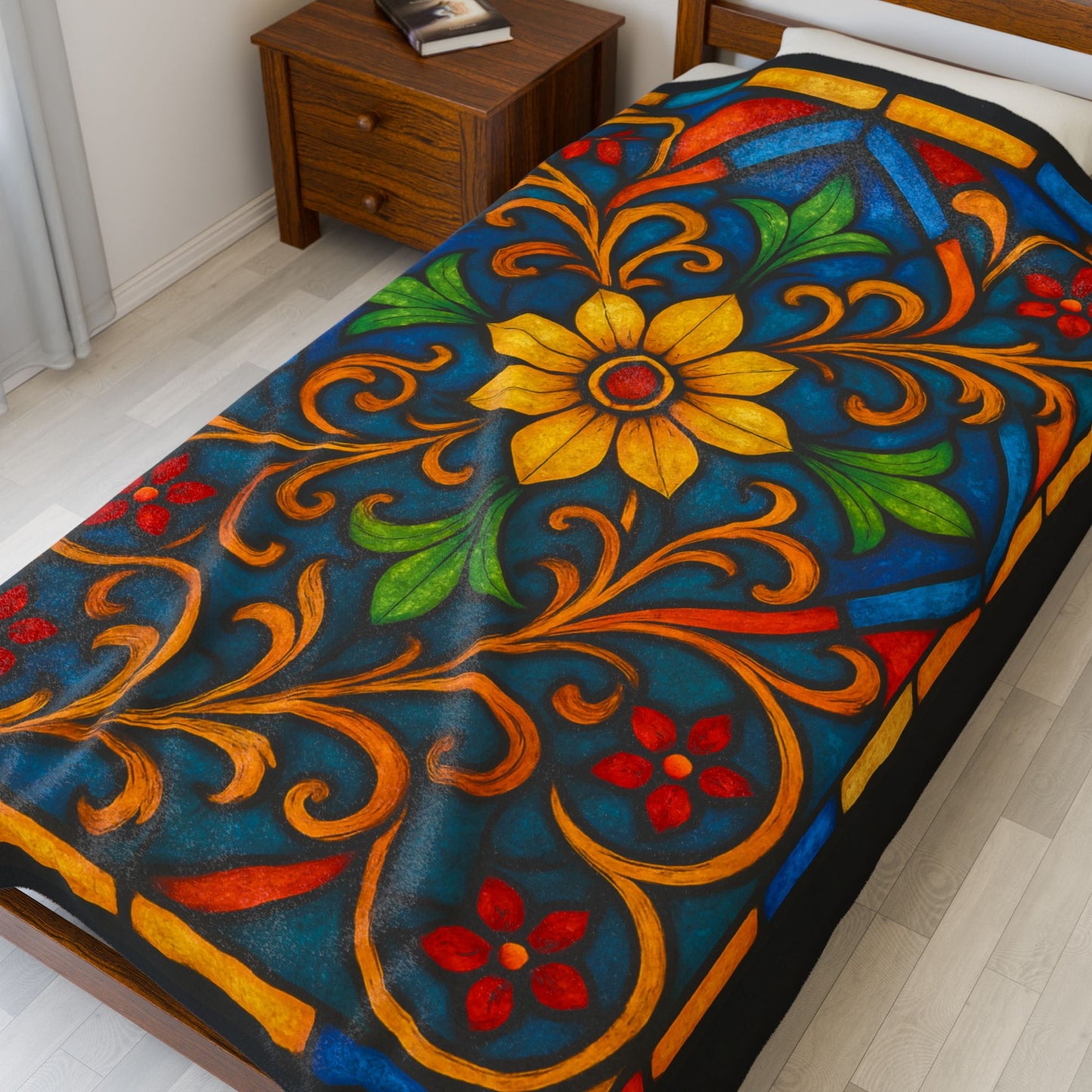 Printify All Over Prints 60" × 80" Vibrant Stained Glass Velveteen Plush Blanket – 50x60 Cozy Bohemian Throw for Home Decor & Gifts