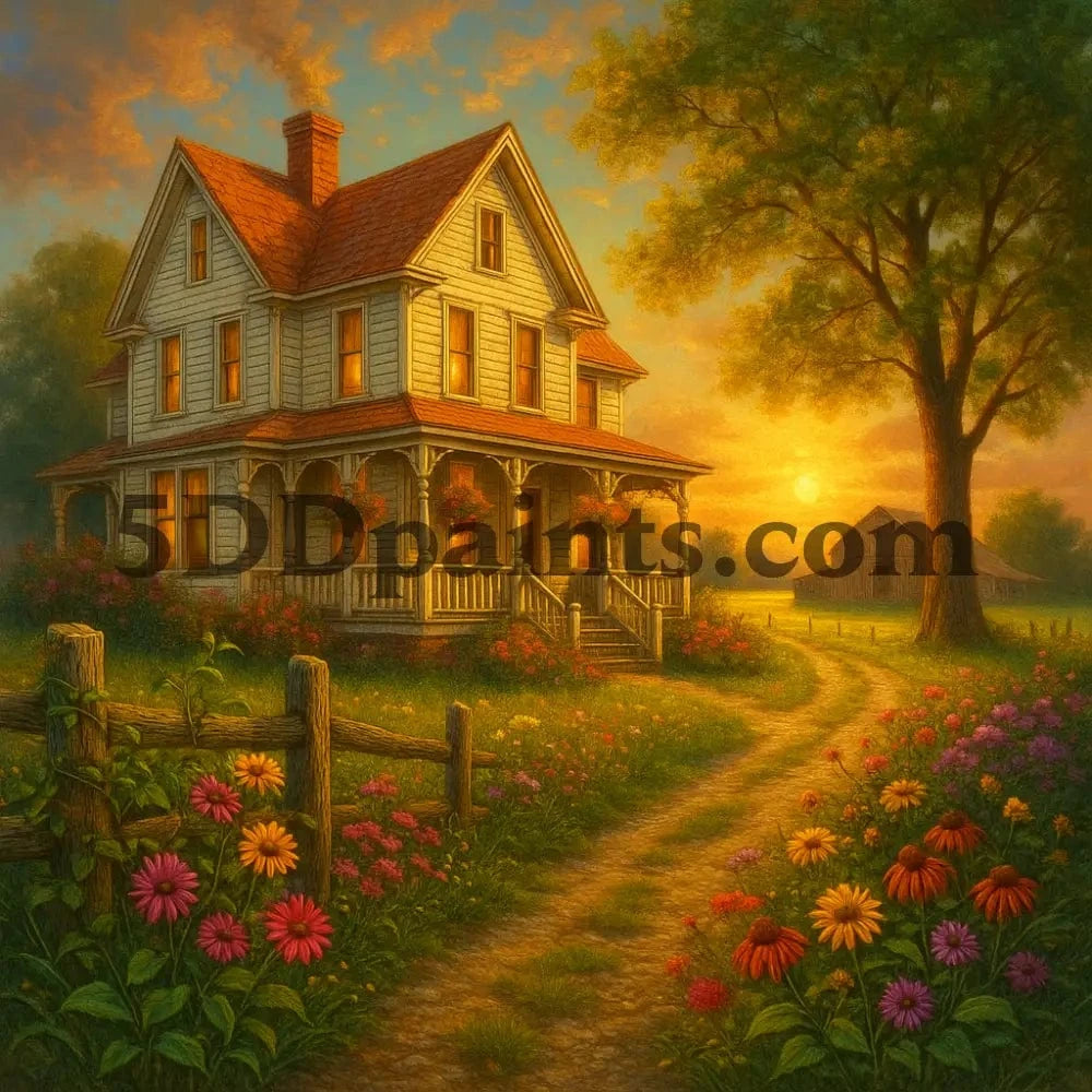 5DDPaints.com arts and crafts kit Victorian Farmhouse Sunrise Diamond Painting Kit