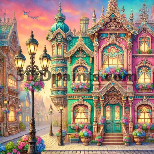 5DDPaints.com arts and crafts kit Victorian Sunset Street 5D Diamond Painting Kit – Pastel Charm and Blooming Flowers