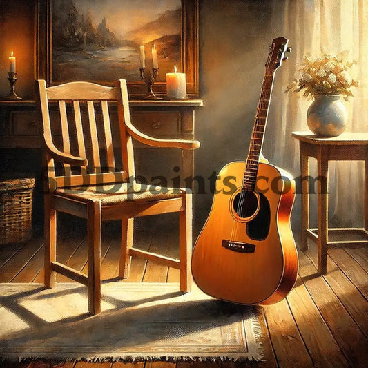 5DDPaints.com arts and crafts kit Warm Acoustic Guitar in a Rustic Setting Diamond Painting