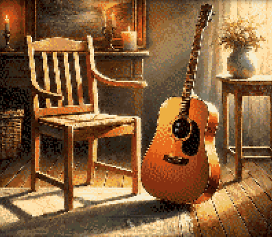 5DDPaints.com arts and crafts kit Warm Acoustic Guitar in a Rustic Setting Diamond Painting