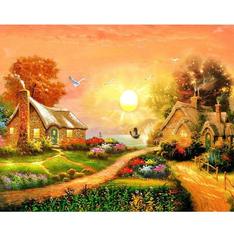 Amazello home decor 5D Diamond Painting Country Cottages by the Sea