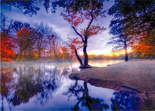 Amazello home decor 5D Diamond Painting Maple Leaf Lake Scenery