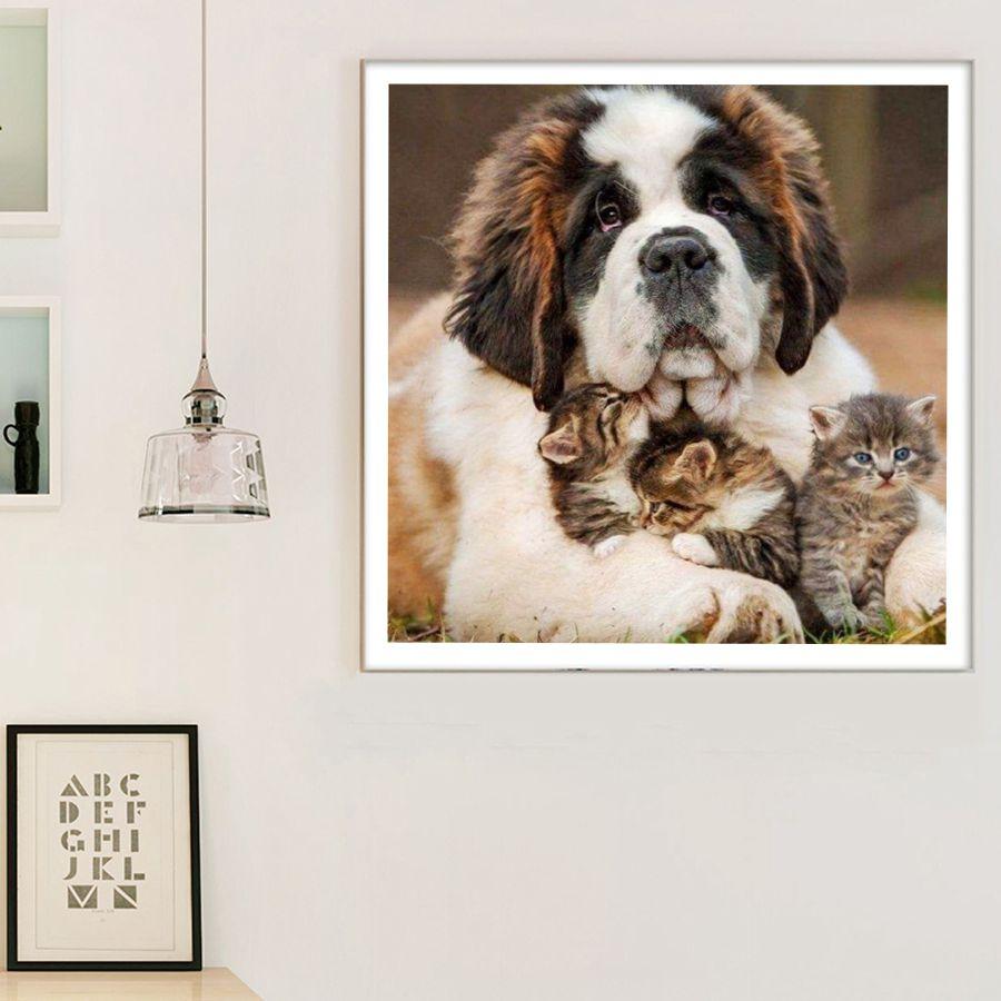 Amazello home decor 5D Diamond Painting Saint Bernard and Kittens