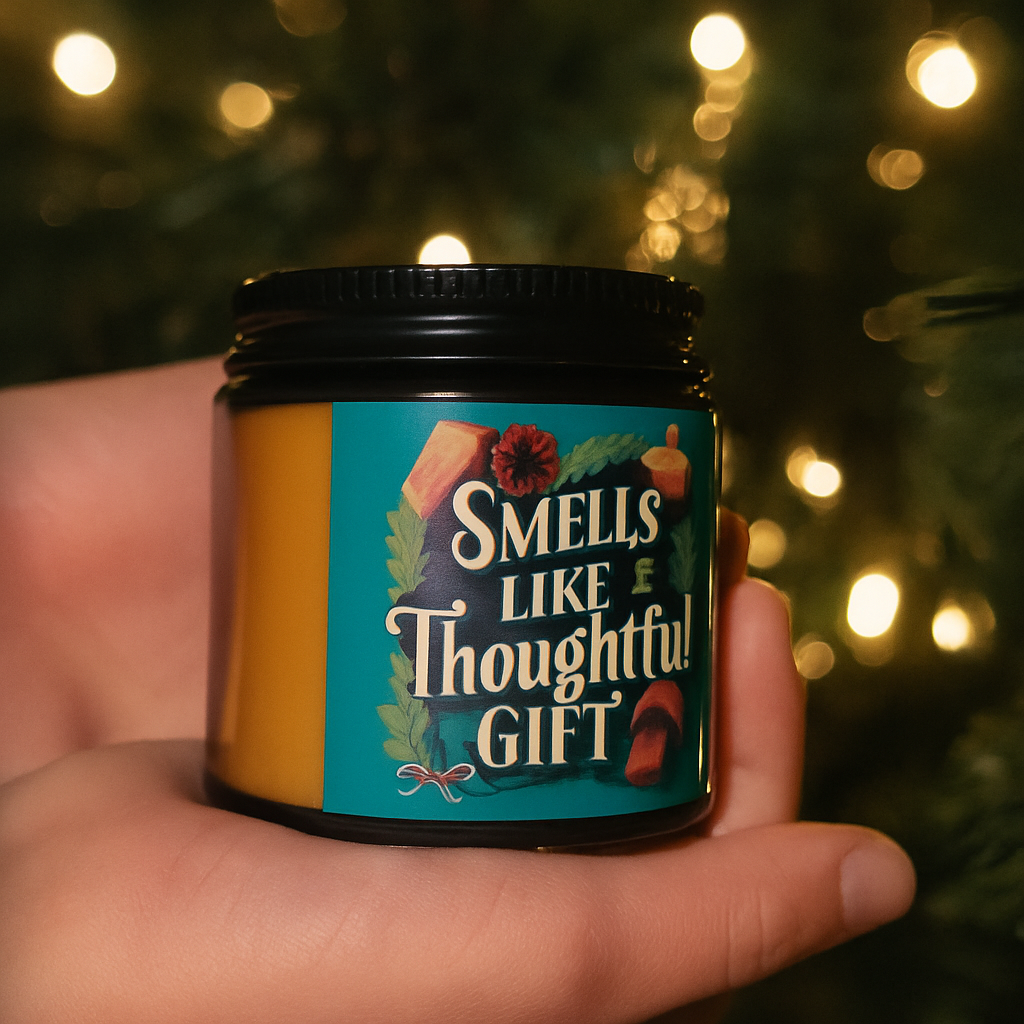 Small child’s hand holding a glowing holiday candle beside a Christmas tree, creating a warm and cozy winter atmosphere.