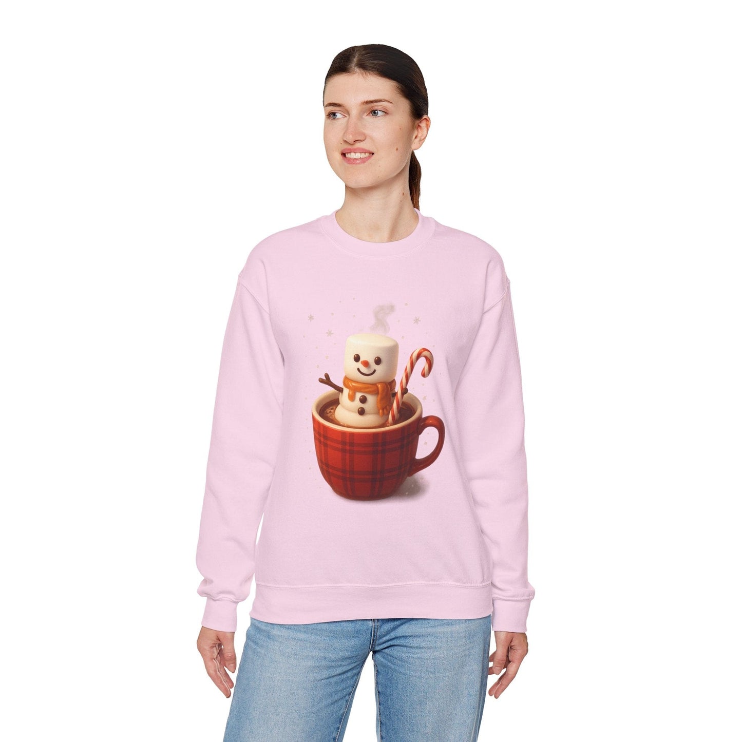 Cute Marshmallow Snowman in Plaid Mug Holiday Crewneck