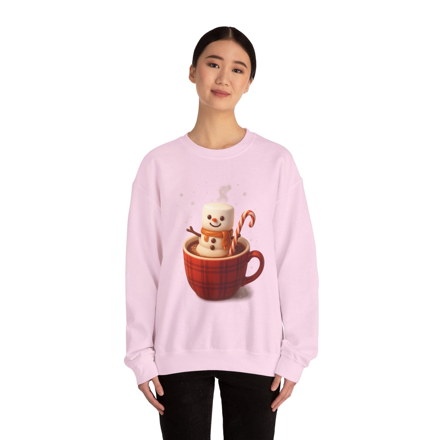 Cute Marshmallow Snowman in Plaid Mug Holiday Crewneck