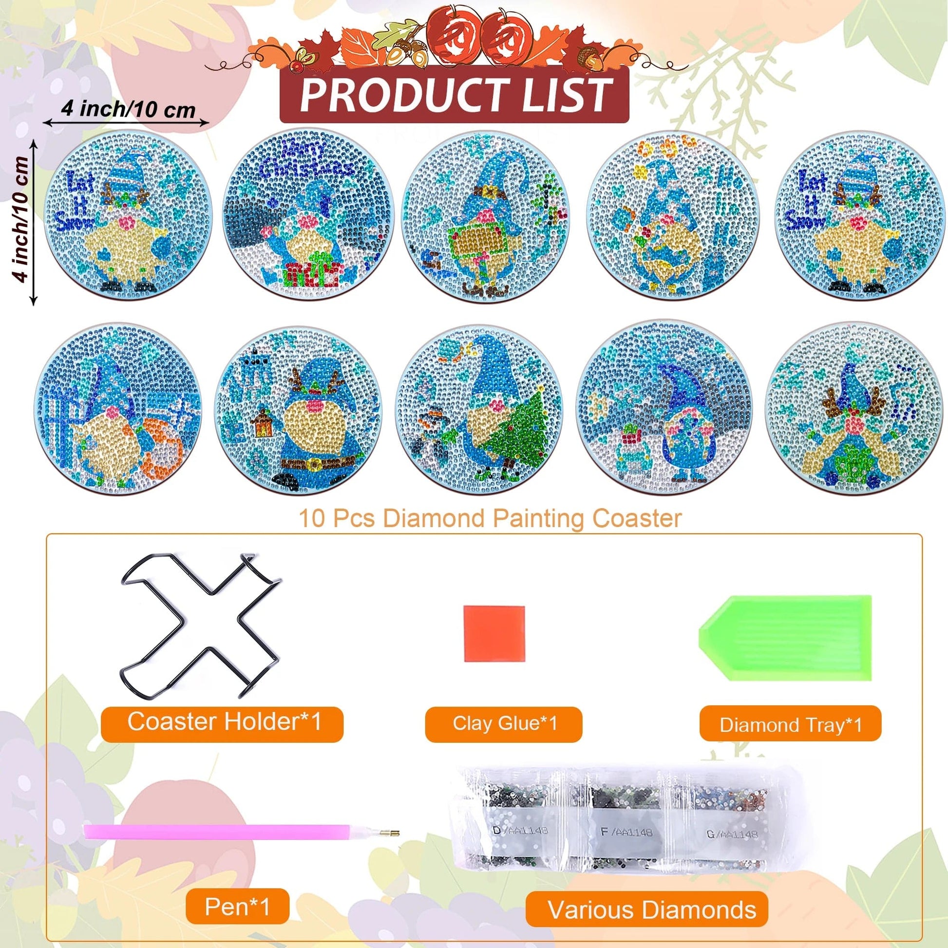 5DDpaints.com arts and crafts kit 10pcs/Set DIY Christmas Diamond Art Coasters with Holder Anti Slip Mats