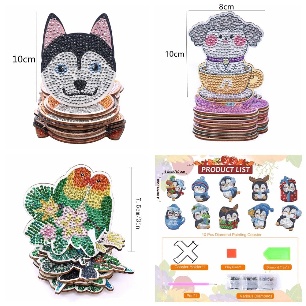 Amazello arts and crafts kit 10pcs/Set DIY Dogs Diamond Art Coasters with Holder Anti Slip Wood Coasters ** HOLDER INCLUDED**