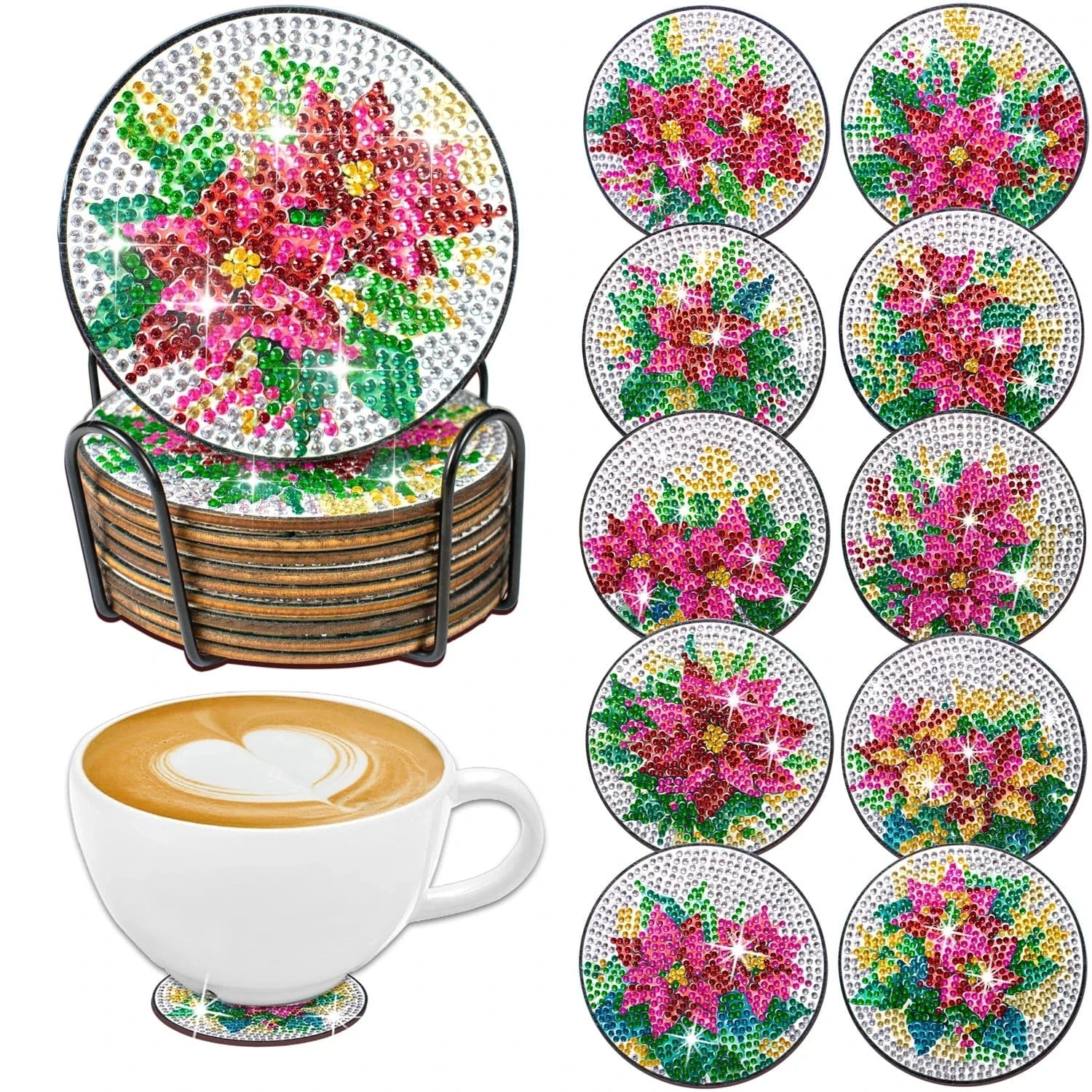 Amazello 10pcs/Set DIY Flowers Diamond Painting Coasters with Holder Anti Slip Tablemat for Table Flowers Diamond Art Coasters for Adults