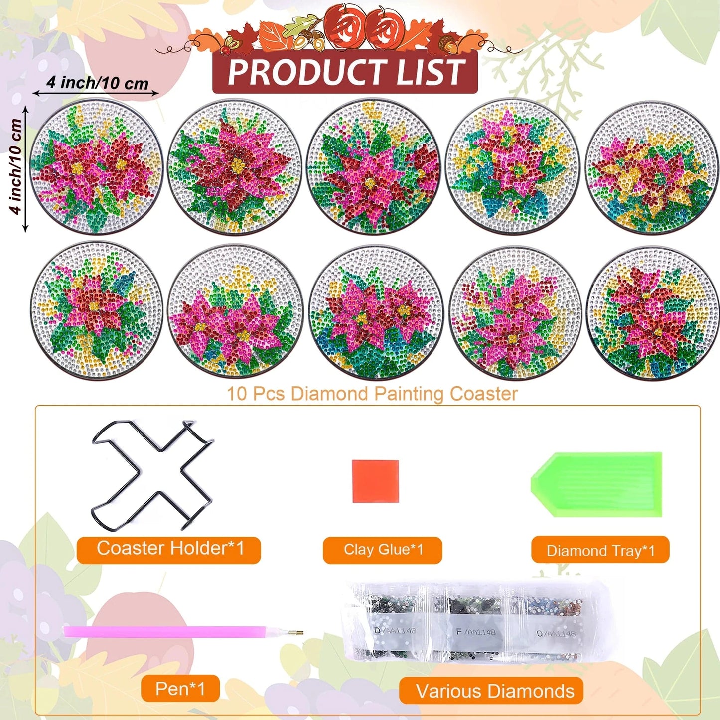 Amazello 10pcs/Set DIY Flowers Diamond Painting Coasters with Holder Anti Slip Tablemat for Table Flowers Diamond Art Coasters for Adults