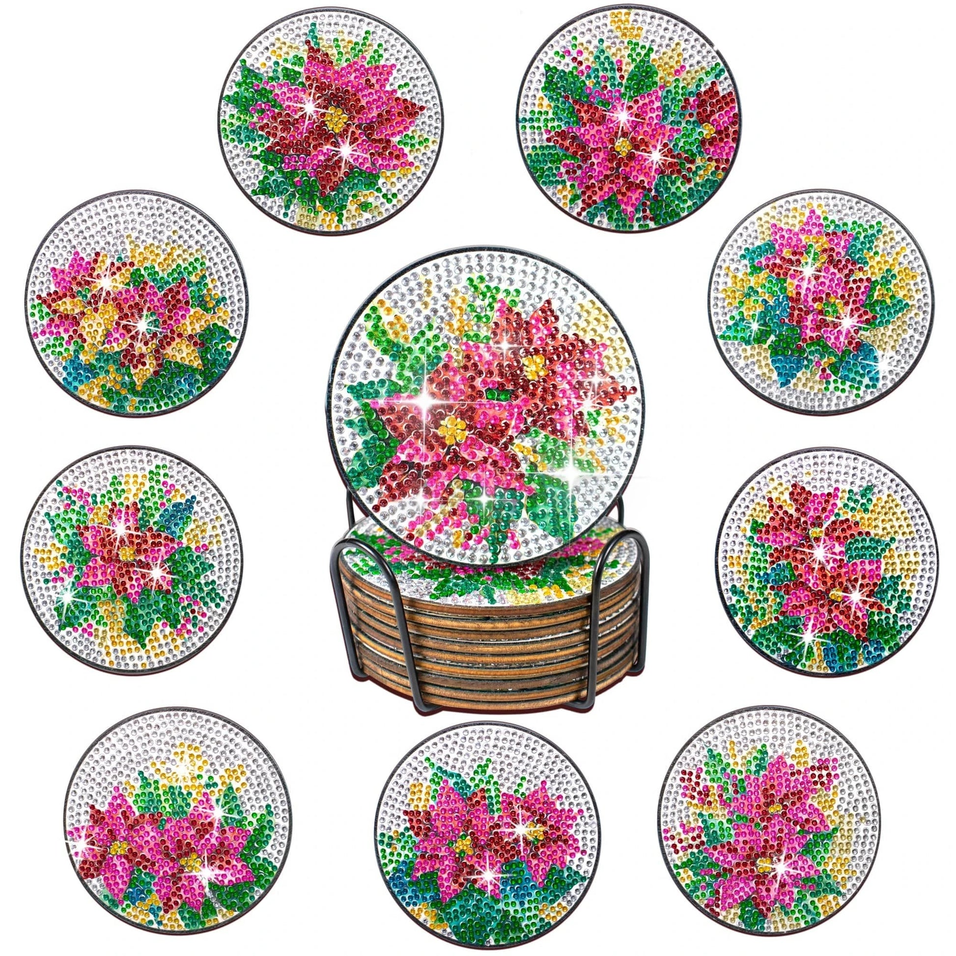 Amazello 10pcs/Set DIY Flowers Diamond Painting Coasters with Holder Anti Slip Tablemat for Table Flowers Diamond Art Coasters for Adults