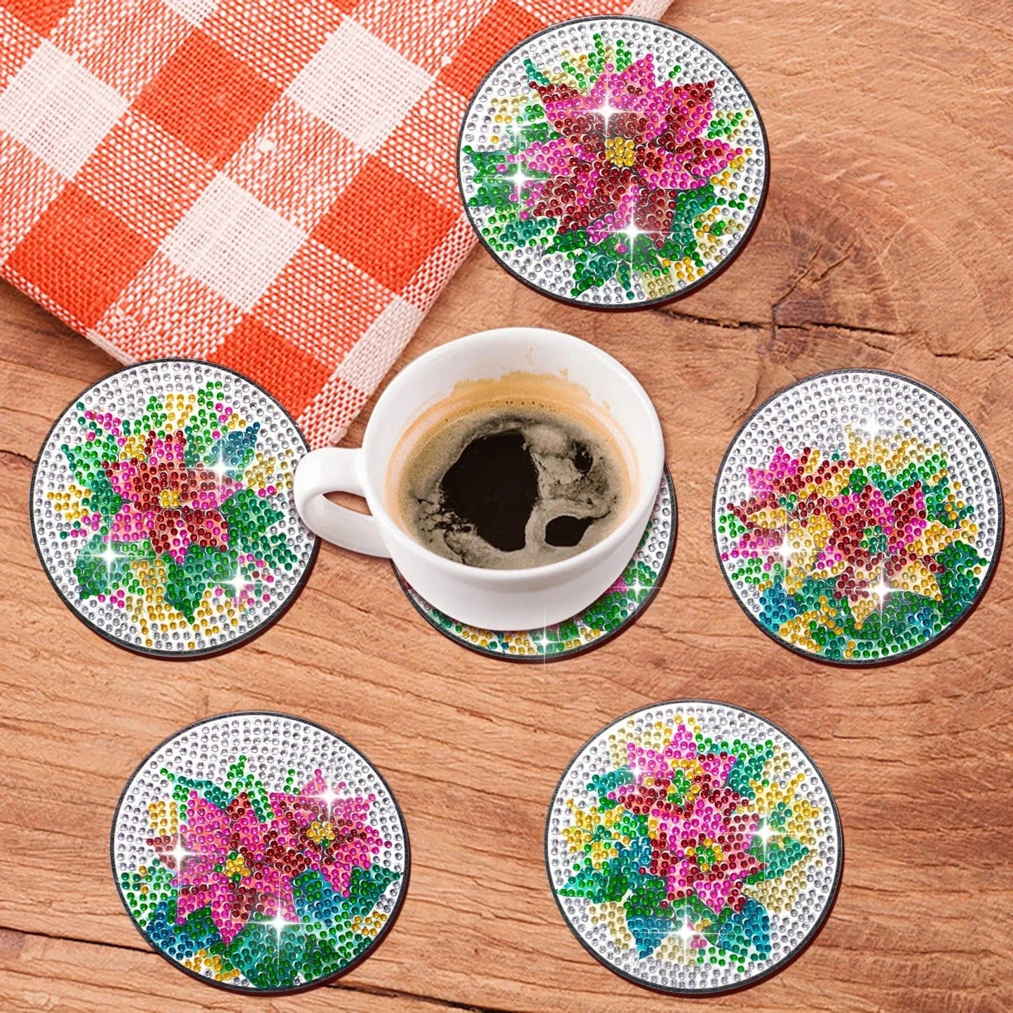 Amazello 10pcs/Set DIY Flowers Diamond Painting Coasters with Holder Anti Slip Tablemat for Table Flowers Diamond Art Coasters for Adults