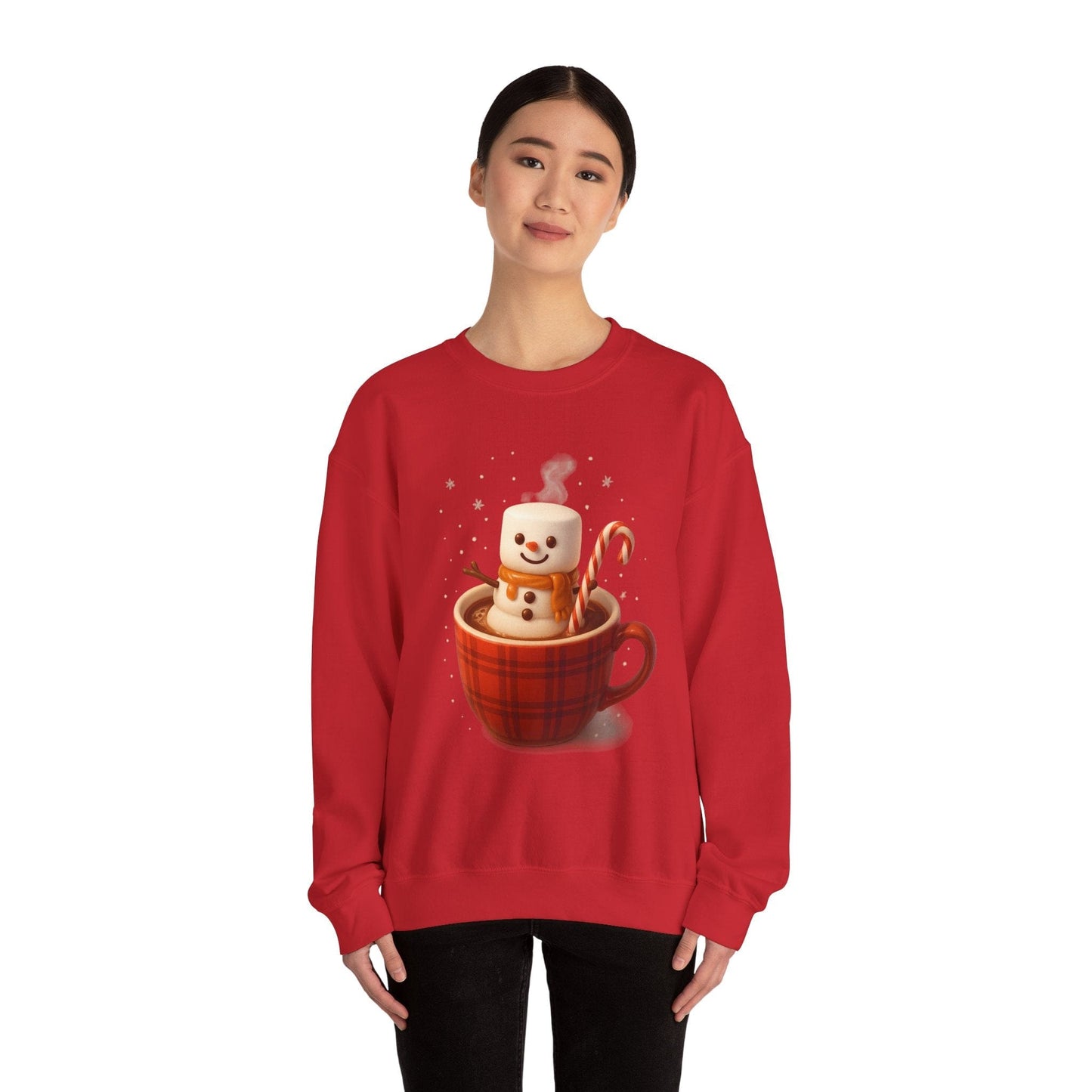 Cute Marshmallow Snowman in Plaid Mug Holiday Crewneck