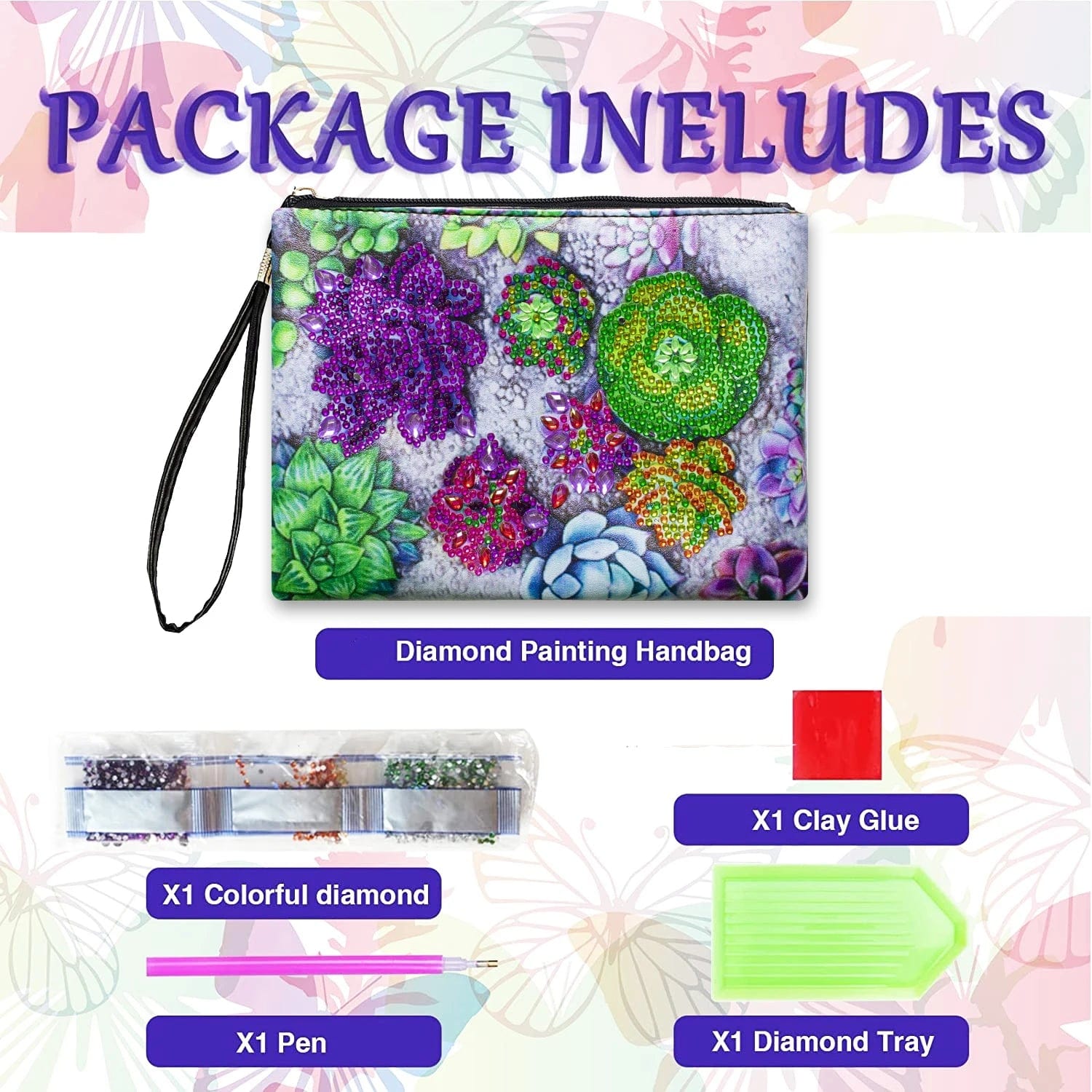 5DDpaints.com arts and crafts kit 1pc DIY Succulents Diamond Art Clutch Purses a