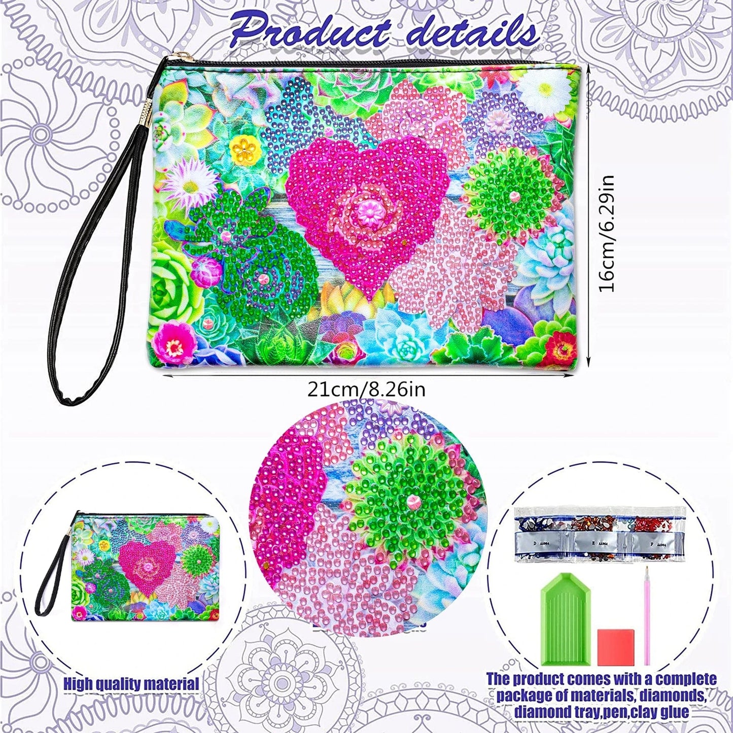 5DDpaints.com arts and crafts kit 1pc DIY Succulents Diamond Art Clutch Purses a