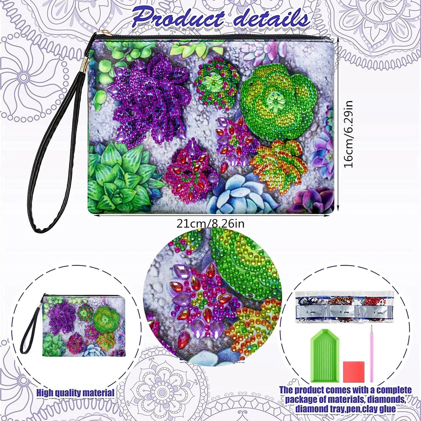 5DDpaints.com arts and crafts kit 1pc DIY Succulents Diamond Art Clutch Purses a