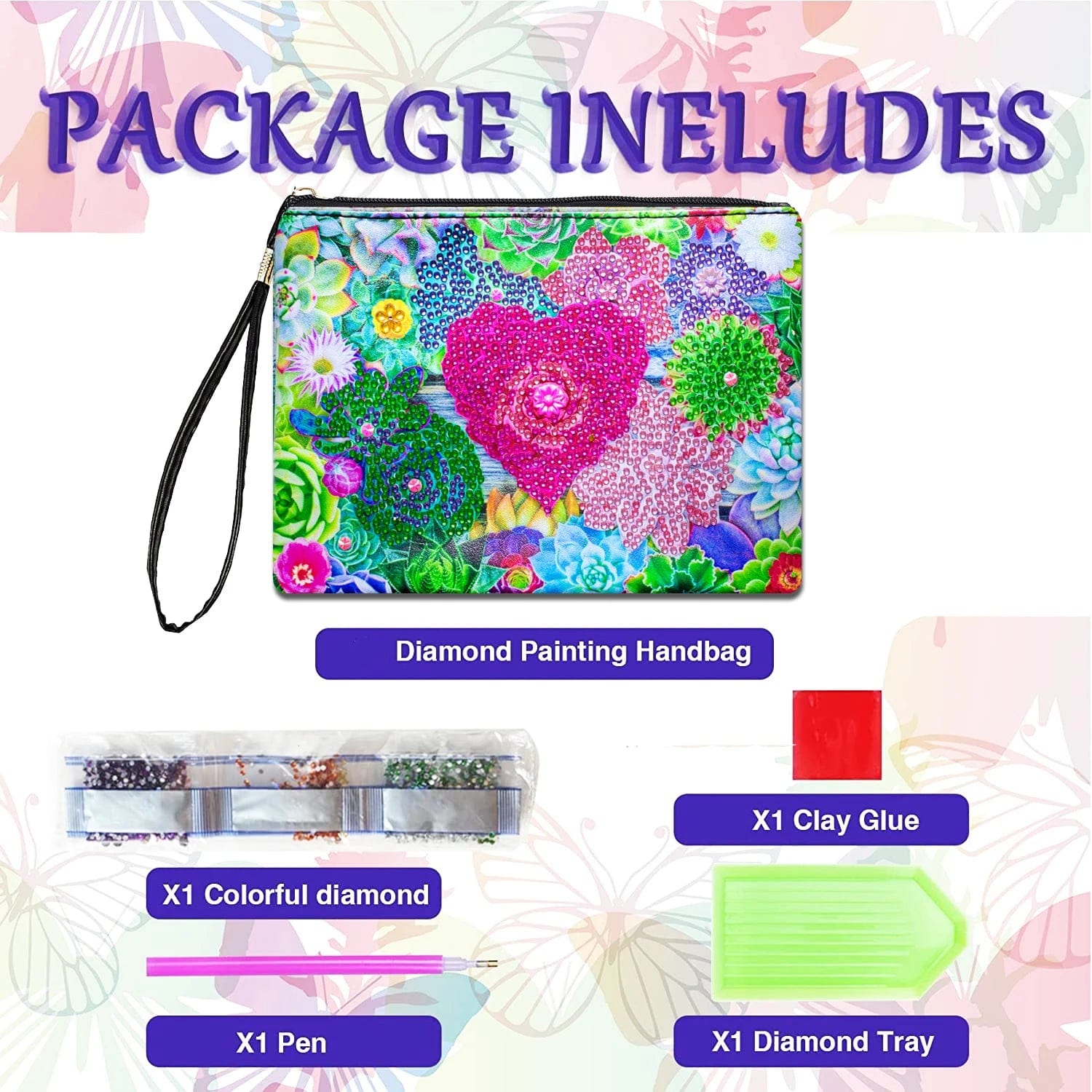 5DDpaints.com arts and crafts kit 1pc DIY Succulents Diamond Art Clutch Purses a