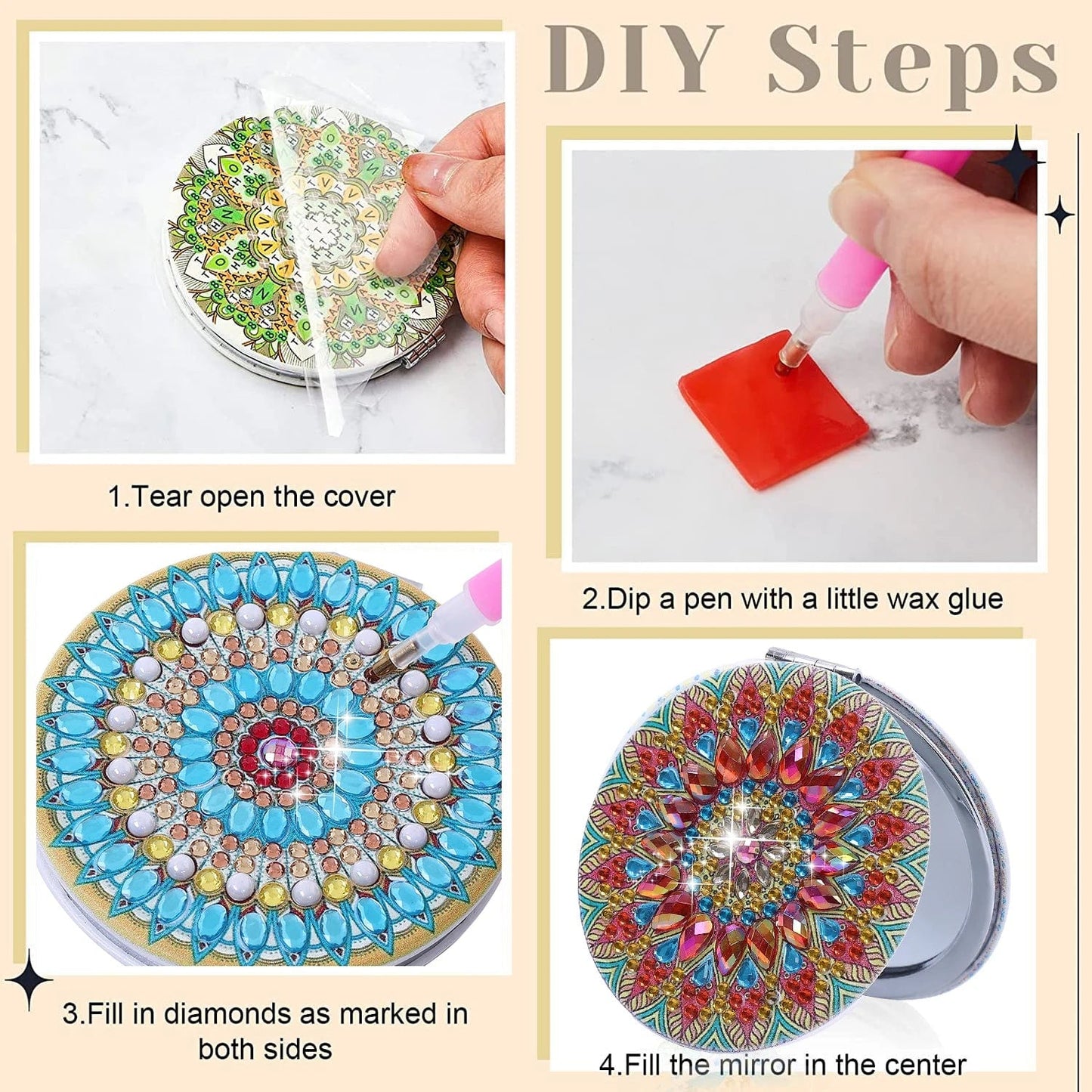 5DDpaints.com arts and crafts kit 1pc/Set DIY Mandala Diamond Art Compact Mirror