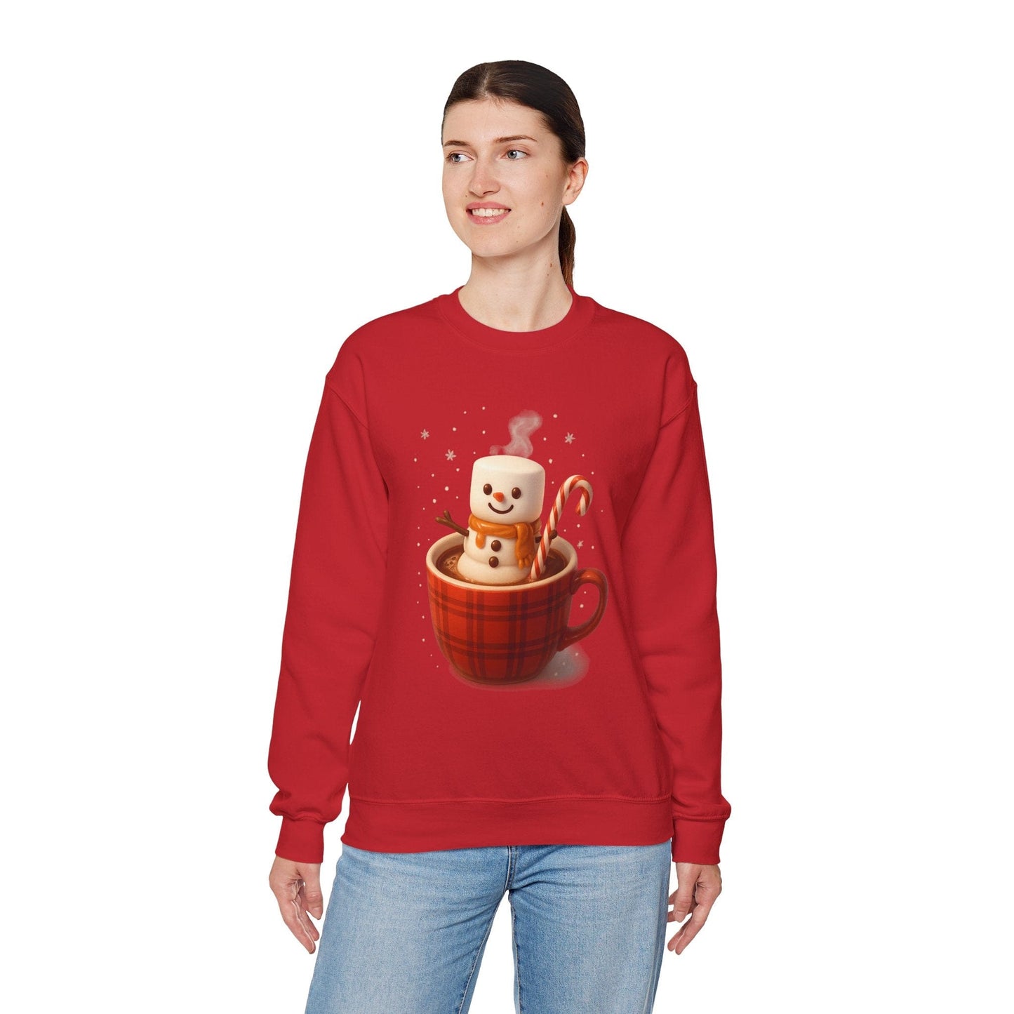 Cute Marshmallow Snowman in Plaid Mug Holiday Crewneck