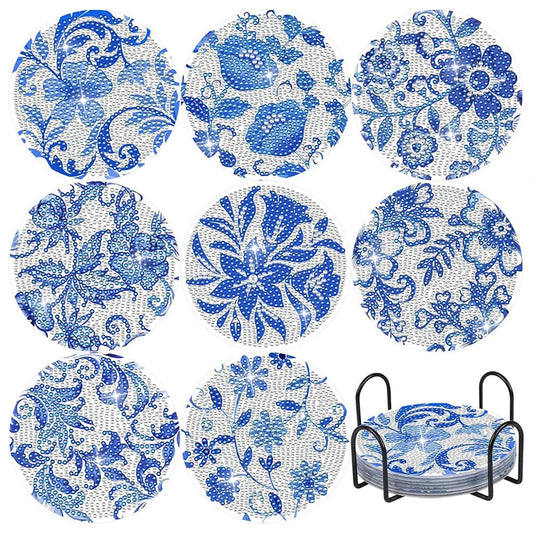 5DDpaints.com arts and crafts kit 7 8pcs Blue Floral Diamond Painting Coaster With Holder