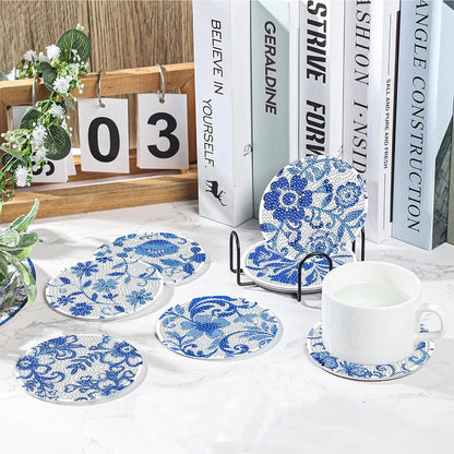 5DDpaints.com arts and crafts kit 8pcs Blue Floral Diamond Painting Coaster With Holder