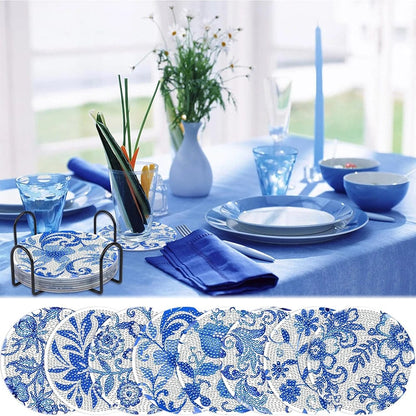 5DDpaints.com arts and crafts kit 8pcs Blue Floral Diamond Painting Coaster With Holder