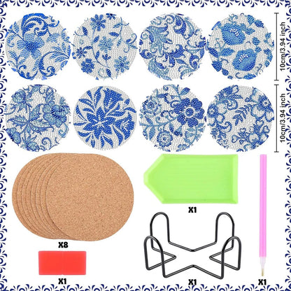 5DDpaints.com arts and crafts kit 8pcs Blue Floral Diamond Painting Coaster With Holder