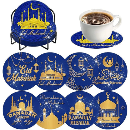 5DDpaints.com arts and crafts kit 5 8pcs Blue Floral Diamond Painting Coaster With Holder