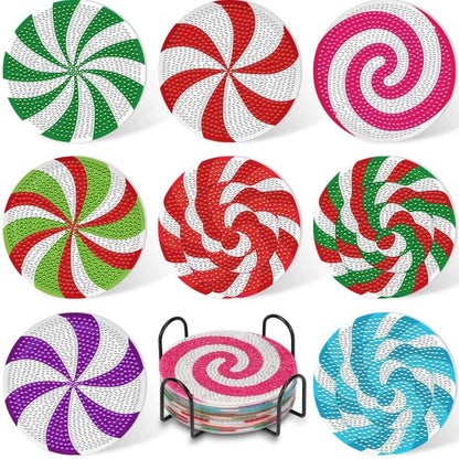 5DDpaints.com arts and crafts kit 21 8pcs Blue Floral Diamond Painting Coaster With Holder