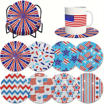 5DDpaints.com arts and crafts kit 48 8pcs Blue Floral Diamond Painting Coaster With Holder