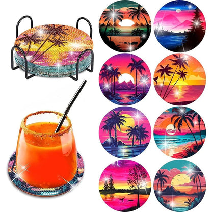 5DDpaints.com arts and crafts kit 9 8pcs Blue Floral Diamond Painting Coaster With Holder