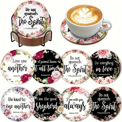 5DDpaints.com arts and crafts kit 10 8pcs Blue Floral Diamond Painting Coaster With Holder