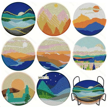 5DDpaints.com arts and crafts kit 17 8pcs Blue Floral Diamond Painting Coaster With Holder