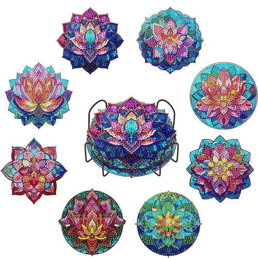 5DDpaints.com arts and crafts kit 8pcs Crystal Lotus Diamond Art Painting Coasters Kits with Holder Cork Pads