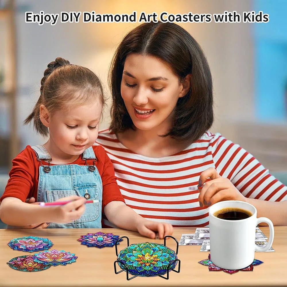 5DDpaints.com arts and crafts kit 8pcs Crystal Lotus Diamond Art Painting Coasters Kits with Holder Cork Pads