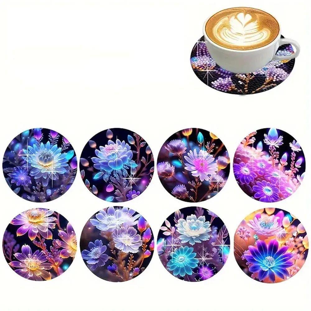 5DDpaints.com arts and crafts kit BD042 8pcs Crystal Lotus Diamond Art Painting Coasters Kits with Holder Cork Pads