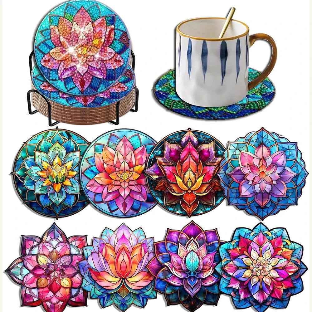 5DDpaints.com arts and crafts kit 35 8pcs Crystal Lotus Diamond Art Painting Coasters Kits with Holder Cork Pads