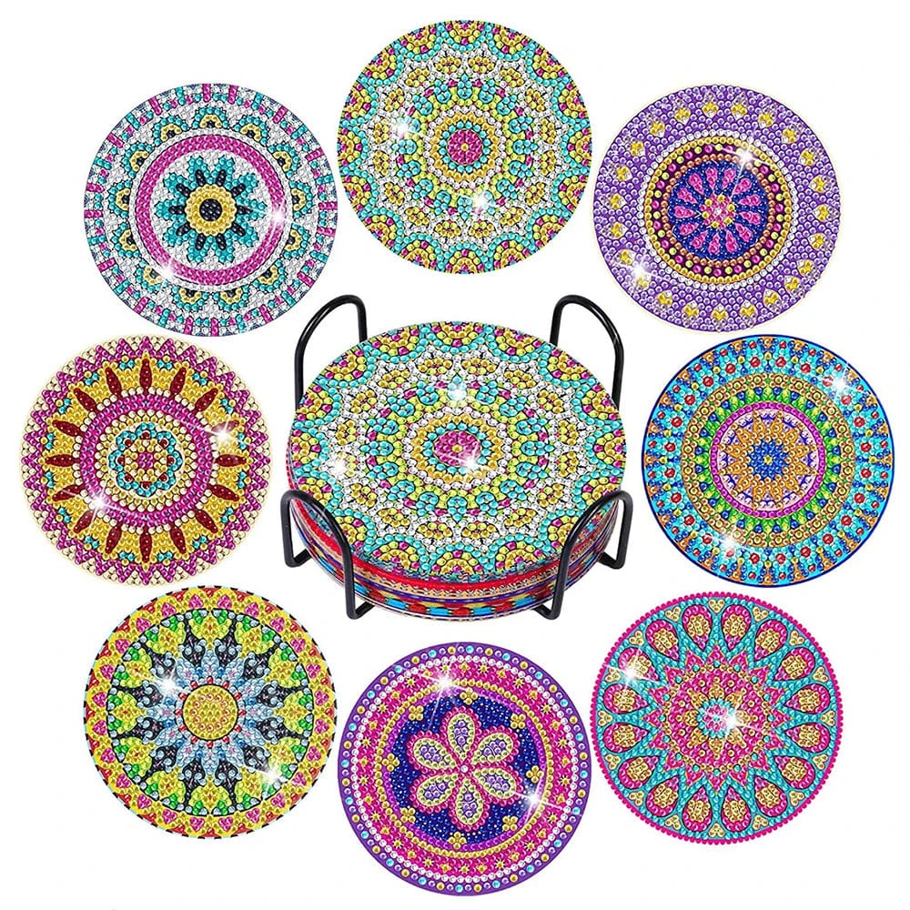 5DDpaints.com arts and crafts kit TM001 8pcs Crystal Lotus Diamond Art Painting Coasters Kits with Holder Cork Pads