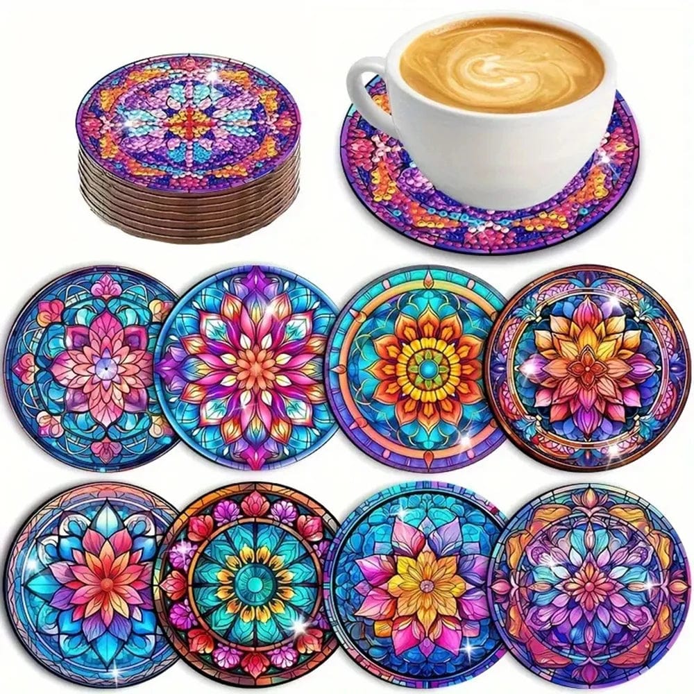 5DDpaints.com arts and crafts kit TM009 8pcs Crystal Lotus Diamond Art Painting Coasters Kits with Holder Cork Pads