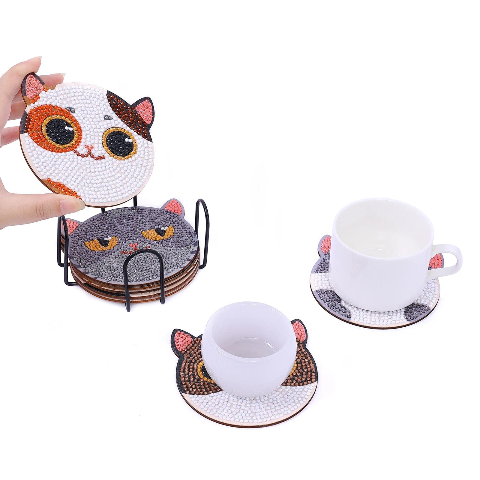 5DDpaints.com arts and crafts kit 8pcs/Set DIY Diamond Painting Coasters Cat with Holder