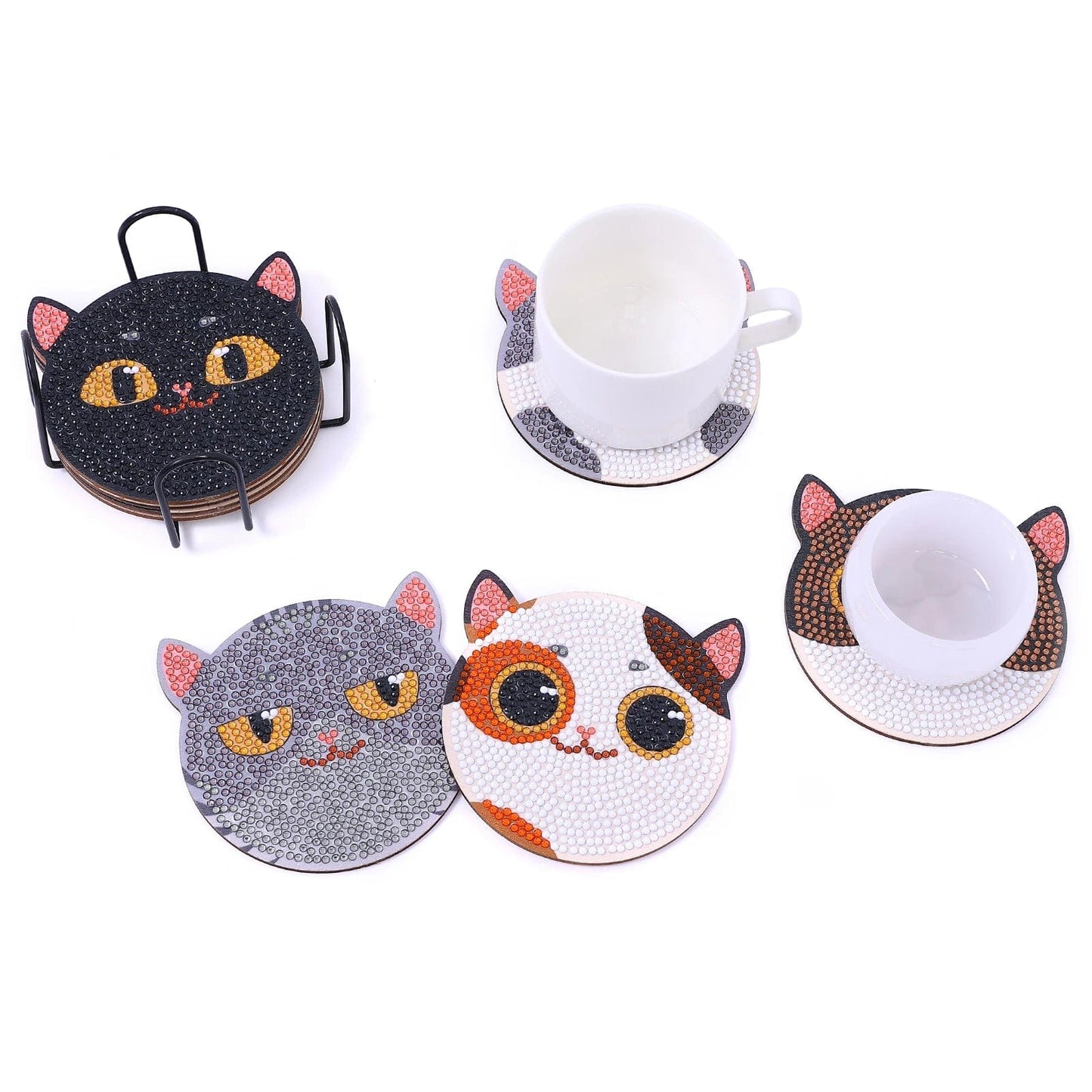 5DDpaints.com arts and crafts kit 8pcs/Set DIY Diamond Painting Coasters Cat with Holder